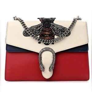 Gucci Calfskin Bee Embroidered Medium Dionysus Shoulder Bag White Blue R…